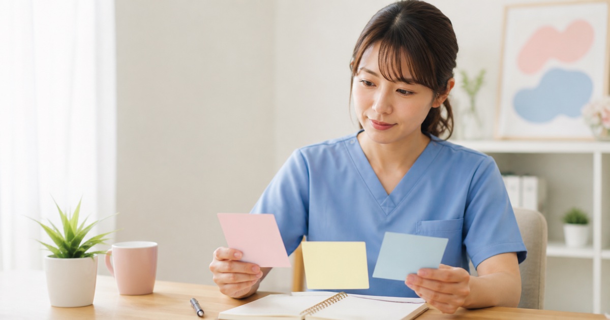 転職の希望条件を3枚のカードで整理する女性看護師